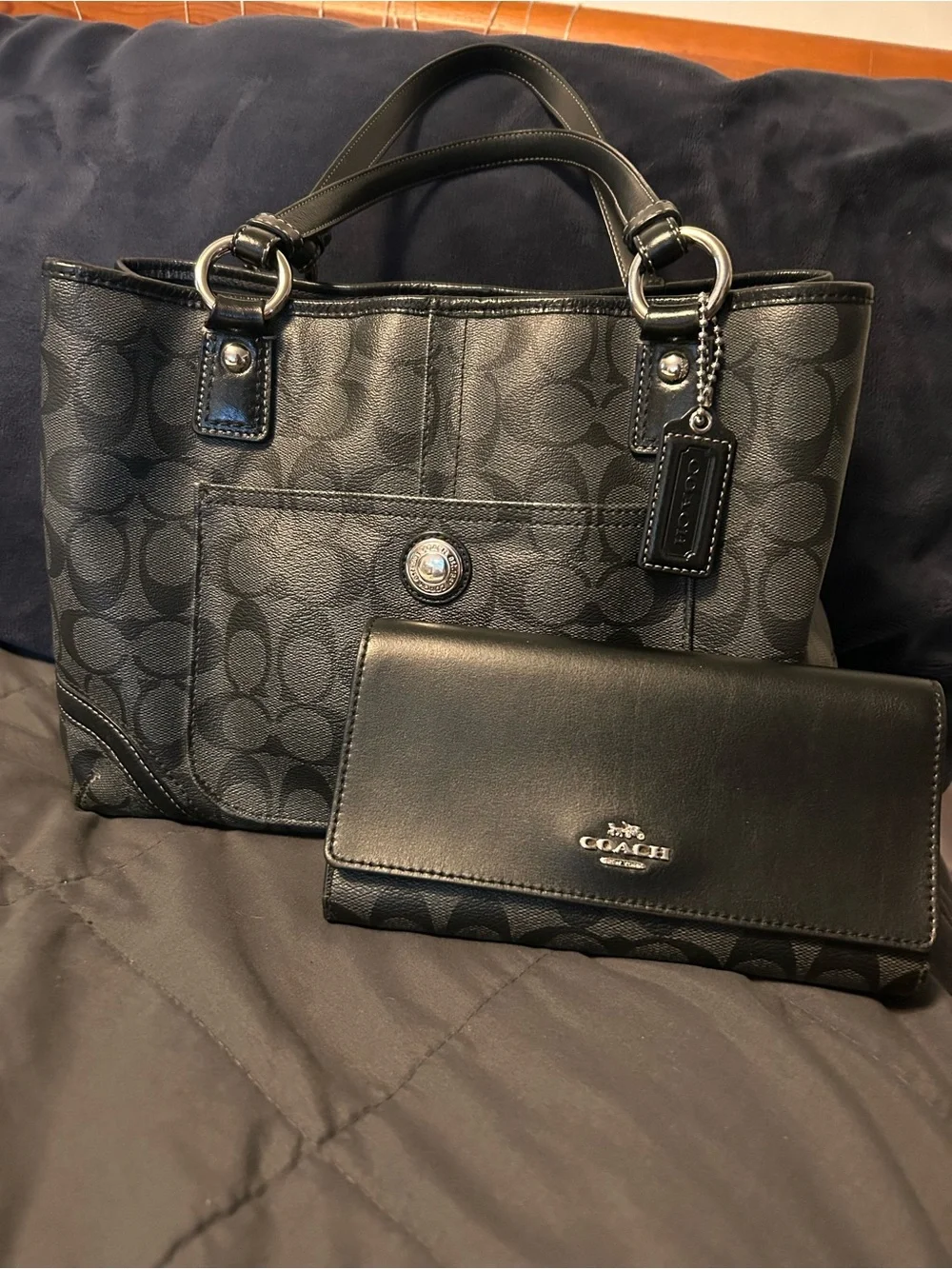 COACH Black Signature Canvas Peyton Pocket Tote w/ matching wallet